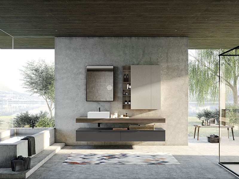 Urban countertop with open and closed bathroom wall storage