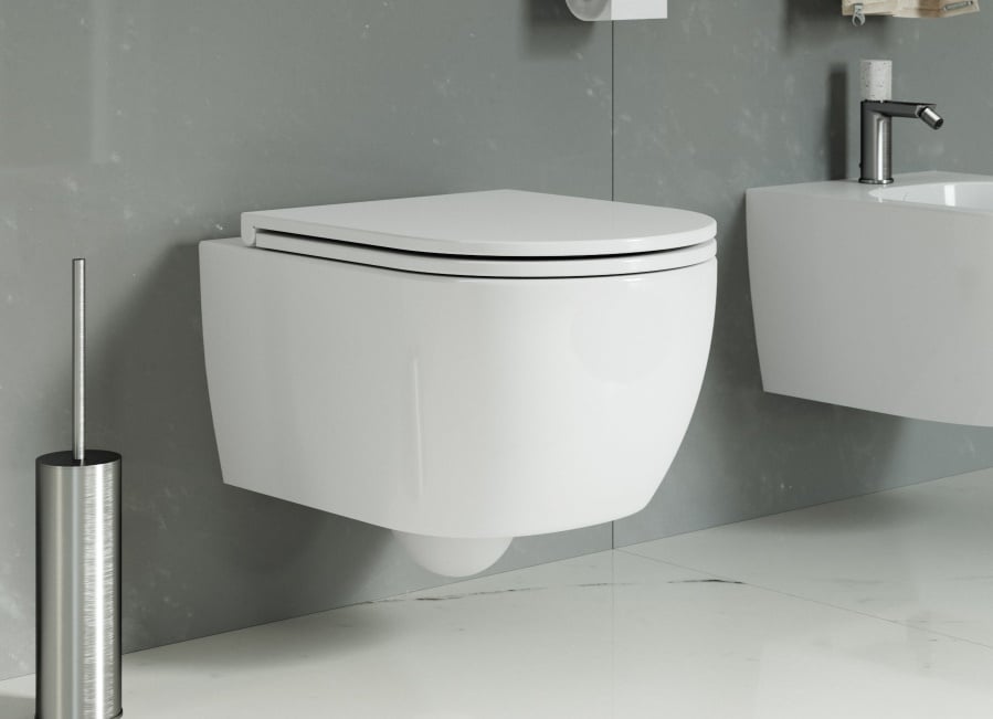 Wall-mounted white toilet.